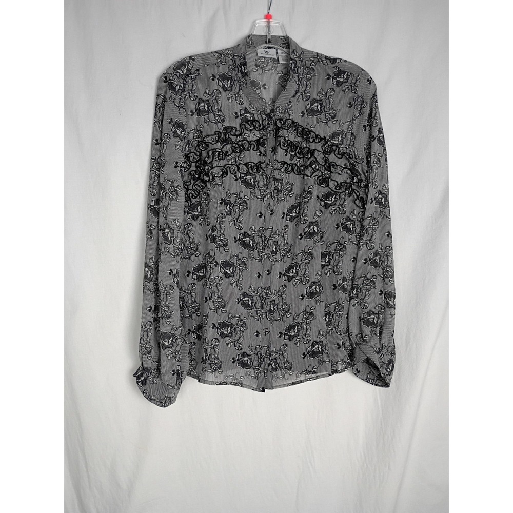 Worthington Vintage Sheer Long Sleeve Ruffle Blouse Button Up Black Women's Sz L